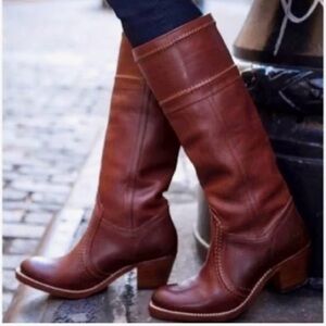 Frye Jane Stitch knee high Chestnut Leather Heeled Boots